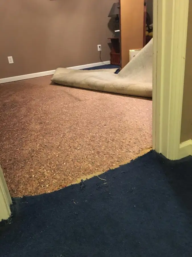 Carpet pad removal revealing water damage during Water Mitigation Services in Stamford